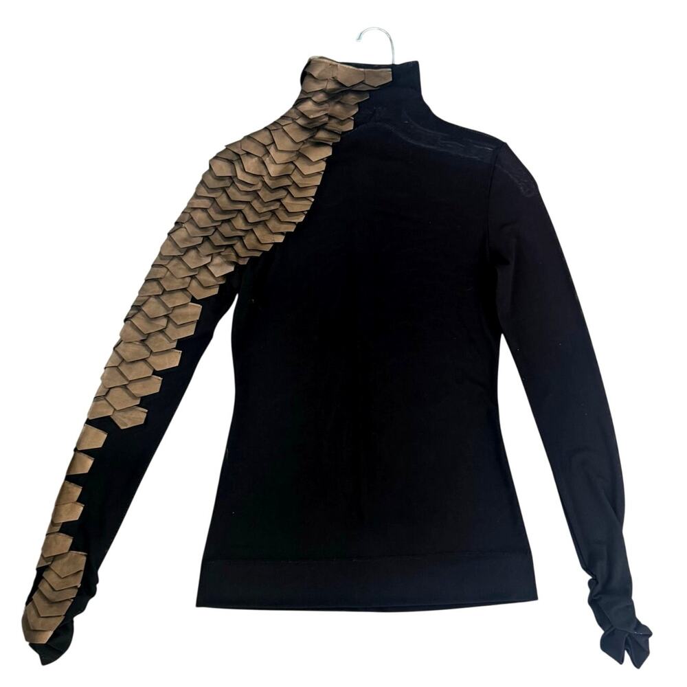 Gracia Faux Leather Dragon Scale Top Asymmetrical Black Mock Neck Avant Garde S